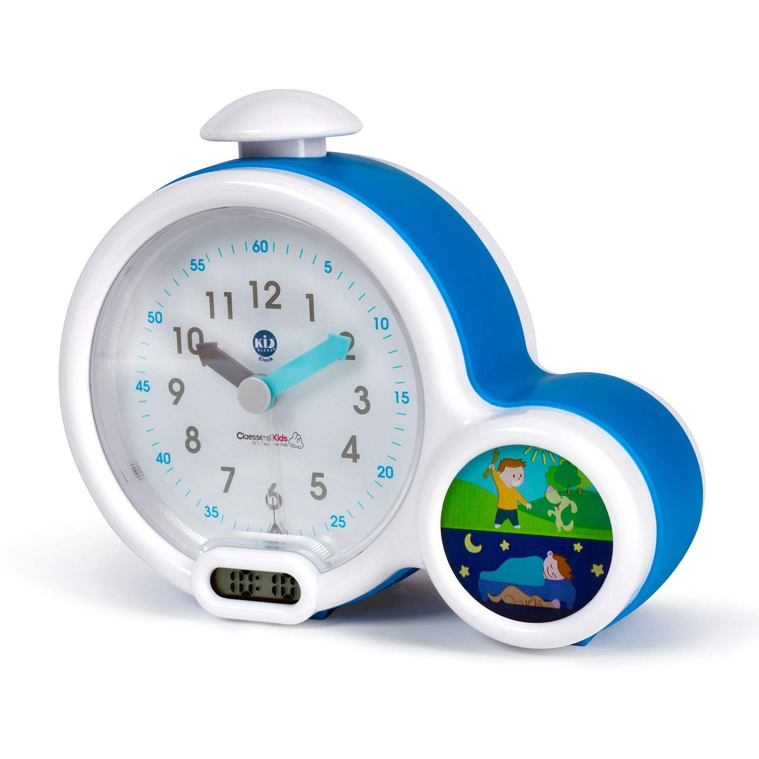 Claessens' Kid - Clock - Réveil Enfant Educatif Jour/Nuit Lumineux - Double Affichage et 3 Alarmes au choix - Fonctionne Sur Secteur ou à Piles - Bleu