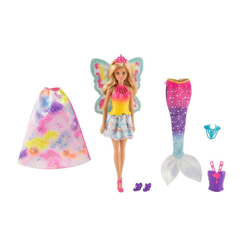 Barbie Dreamtopia poupée Arc-en-ciel coffret 3 en 1 blonde avec trois tenues multicolores de princesse, sirène et fée , jouet pour enfant, FJD08