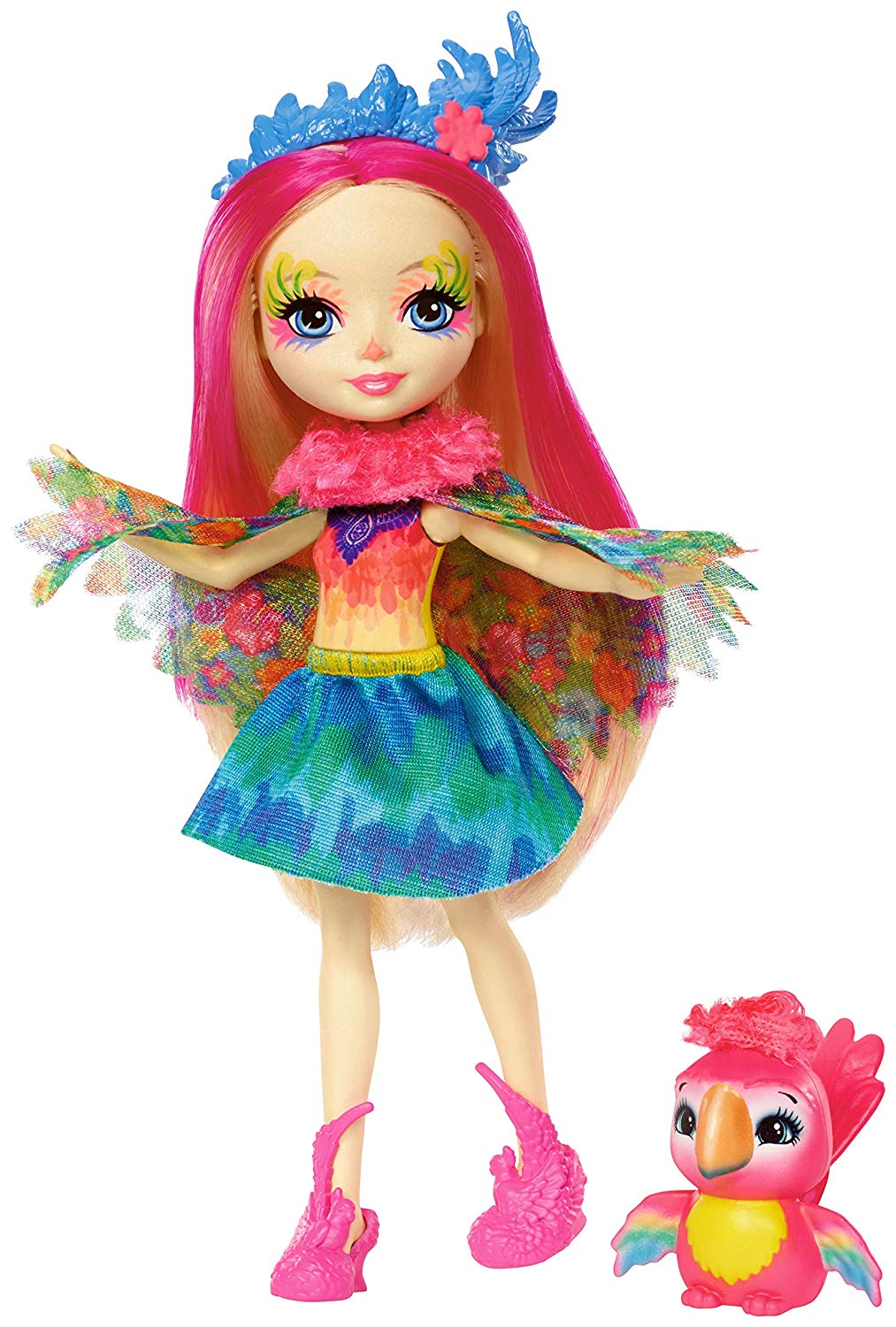 Enchantimals Mini-poupée Peeki Perroquet et Figurine Animale Sheeny, aux cheveux roses fuchsia avec jupe à motifs en tissu, jouet enfant, FJJ21
