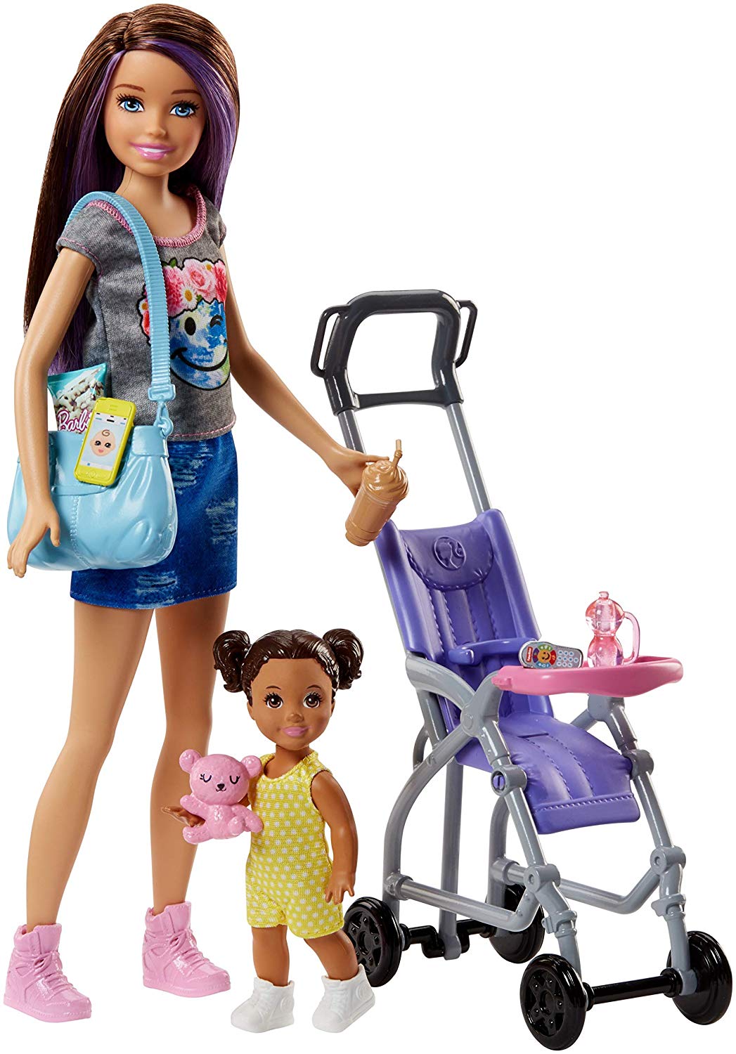 Barbie Famille coffret poupée Skipper baby-sitter et sa poussette avec figurine de fillette brune et accessoires, jouet pour enfant, FJB00