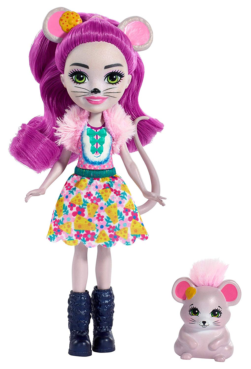Enchantimals Mini-poupée Mayla Souris et figurine animale Fondue aux longs cheveux violets bouclés, jupe amovible et faux col, jouet pour enfant, FXM76