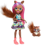 Enchantimals Mini-poupée Sancha Écureuil et Figurine Animale Stumper, aux cheveux roses et bruns avec jupe en tissu, jouet enfant, FMT61