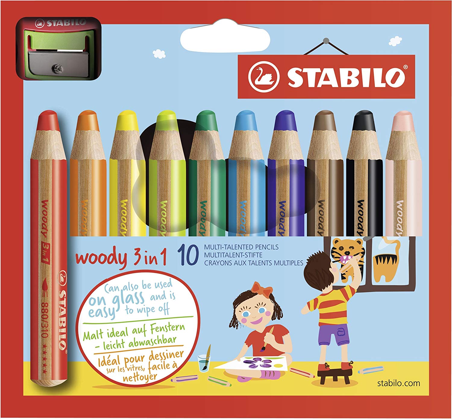 Crayon de coloriage - STABILO woody 3in1 - Étui carton de 10 crayons tout-terrain + taille-crayon