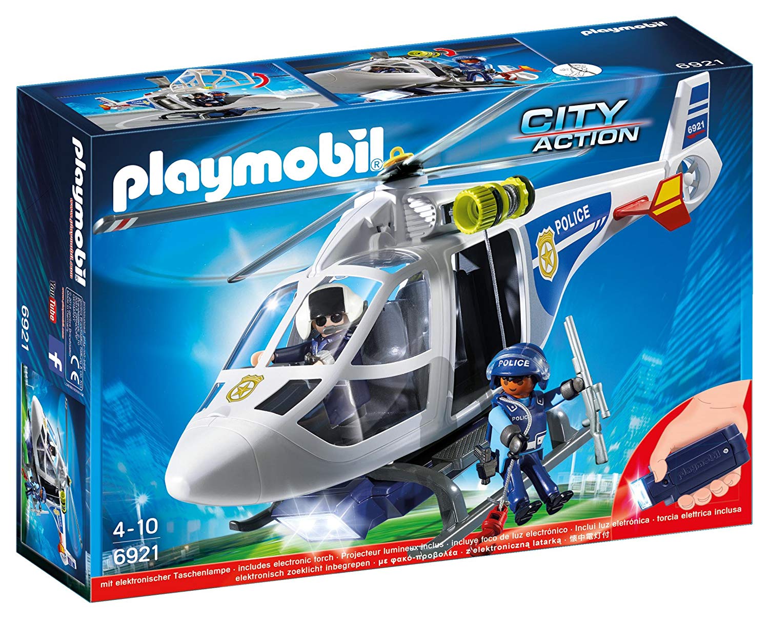 Playmobil- Autre Hélicoptère de Police avec projecteur de, 6921, Multicolore, Norme