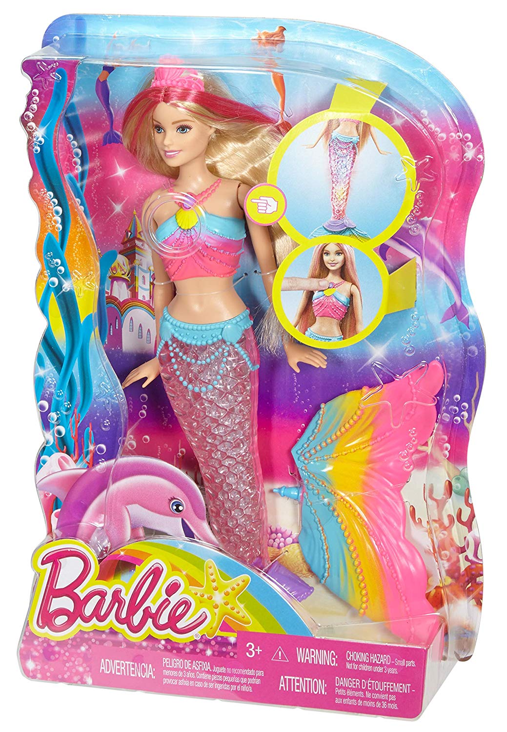 Barbie Dreamtopia poupée sirène Arc-en-ciel blonde Couleurs et Lumières à plonger dans l'eau, avec piles incluses, jouet pour enfant, DHC40