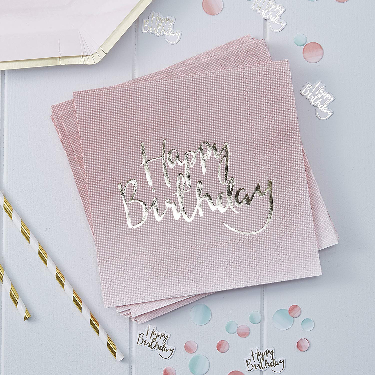 20 Serviettes en papier Happy Birthday rose et or 33 x 33 cm